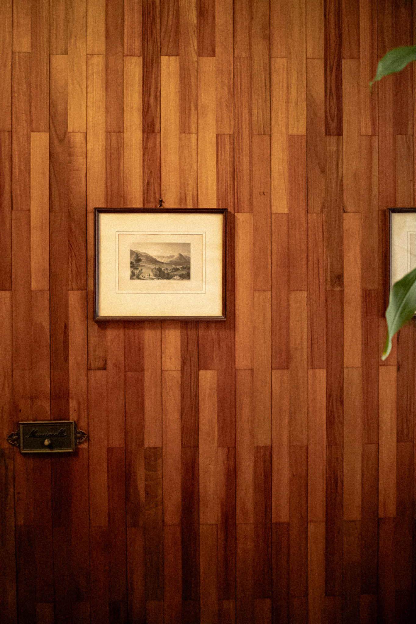 Wood paneled wall with vintage framed artwork